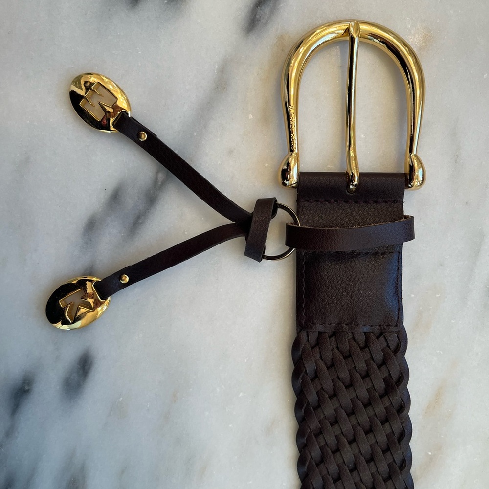 Michael Kors Dark Brown WIDE Basketweave Leather Belt Gold Buckle 37" OVERALL